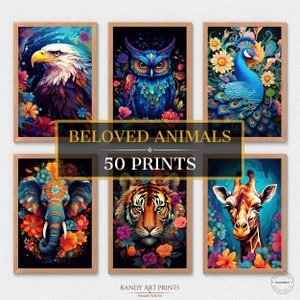50 láminas de animales queridos, animales coloridos, arte animal, póster de oficina, estampados de animales, decoración del hogar, arte mural de animales, descarga digital