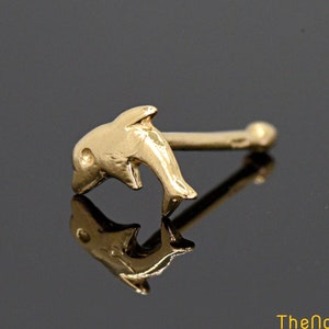 Dainty Tiny Dolphin 14 Karat Gold Nose Bone Ball End Stud. 23 Gauge Gold Nose Ring. Dolphin Nose Piercing Stud