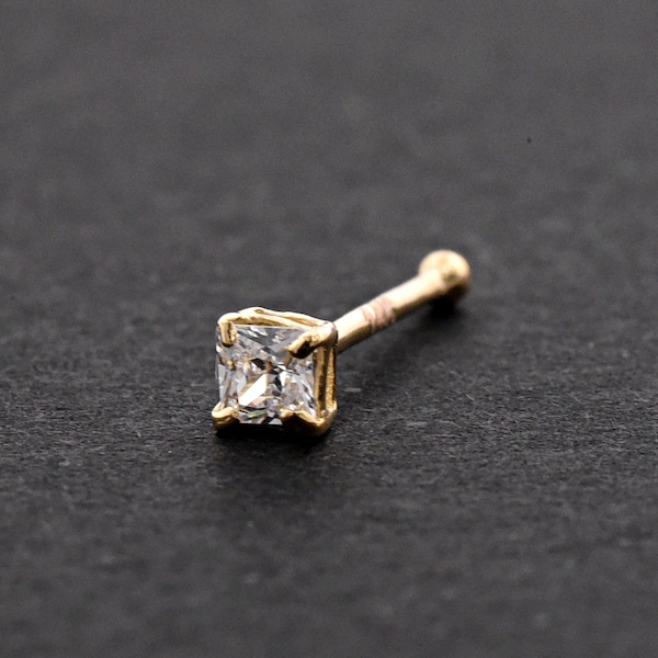 2.5mm Princess Cut Square Cubic Zirconia Prong Set Nose Stud Ball End 14k Solid Yellow Gold, 22 Gauge Nose Bone Stud Ring Piercing Jewelry
