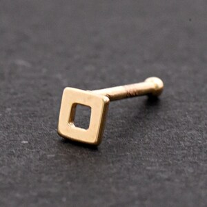 Tiny 3mm Open Square Nose Bone Stud Ball End 14k Solid Yellow Gold 22 Gauge Nose Piercing Nostril Ring, Nose Jewelry, Geometric Nose Stud