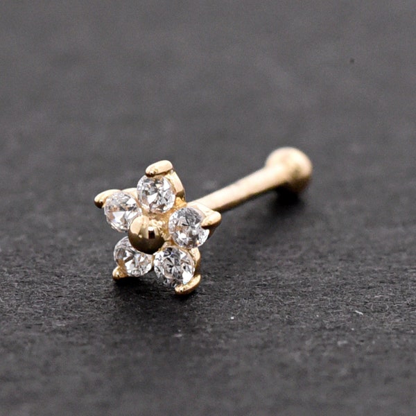Tiny Five Petals Flower CZ Nose Bone Stud Ball End 14k Solid Yellow Gold 22 Gauge Nose Piercing Nostril Ring, Gold Nose Jewelry