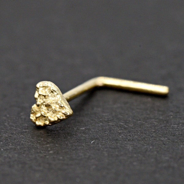 Tiny 3mm Nugget Heart 14 Karat Yellow Gold Nose Stud Ring L Shape End, Minimalist Nugget Heart Nose L Bend Gold Ring 22 Gauge