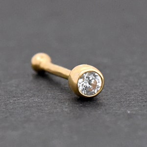 2mm Tiny Bezel Set CZ 14K Solid Gold Nose Bone Ball End Stud, Nose Stud Gold, 0.6mm 22 Gauge Gold Nose Ring, Gold Nostril CZ Nosebone Stud