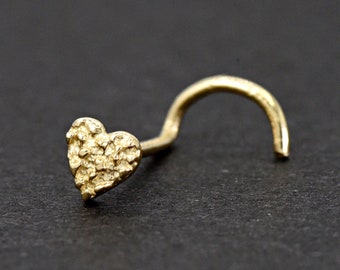 Tiny 3mm Nugget Heart 14 Karat Yellow Gold Nose Stud Ring Screw End, Minimalist Nugget Heart Nose Screw End Gold Ring 22 Gauge