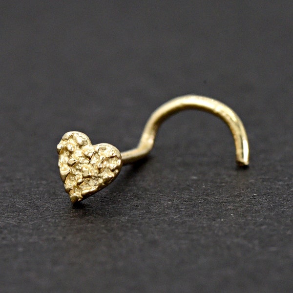 Tiny 3mm Nugget Heart 14 Karat Yellow Gold Nose Stud Ring Screw End, Minimalist Nugget Heart Nose Screw End Gold Ring 22 Gauge