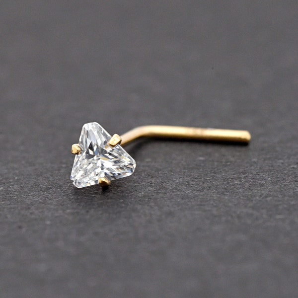 3mm Triangle Cut CZ Prong Set 14k Gold L Shape End Nose Ring, L-Bend Nose Ring Gold, Geometric Triangle CZ Gold Nose Piercing Ring Stud