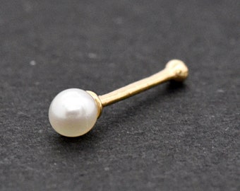 2.5mm Cultured Freshwater Pearl 14k Yellow Gold Nose Ball End Stud, Pearl Nose Bone Stud, 0.6mm / 22 Gauge Nose Stud, Gold Nose Stud