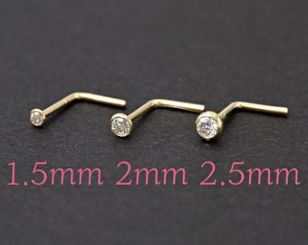 20 Gauge L Bend 14k Gold 1.5mm 2mm 2.5mm Round Clear Cubic Zirconia Bezel Set Nose Stud Ring | Gold Nose L Shape Stud | Gold Nose Piercing