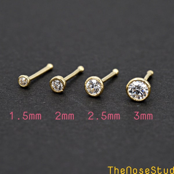 Minimalist 22 Gauge Ball Bone 14k Gold 1.5mm 2mm 2.5mm 3mm Round Clear Cubic Zirconia Bezel Set Nose Stud Ring | Gold Nose Piercing