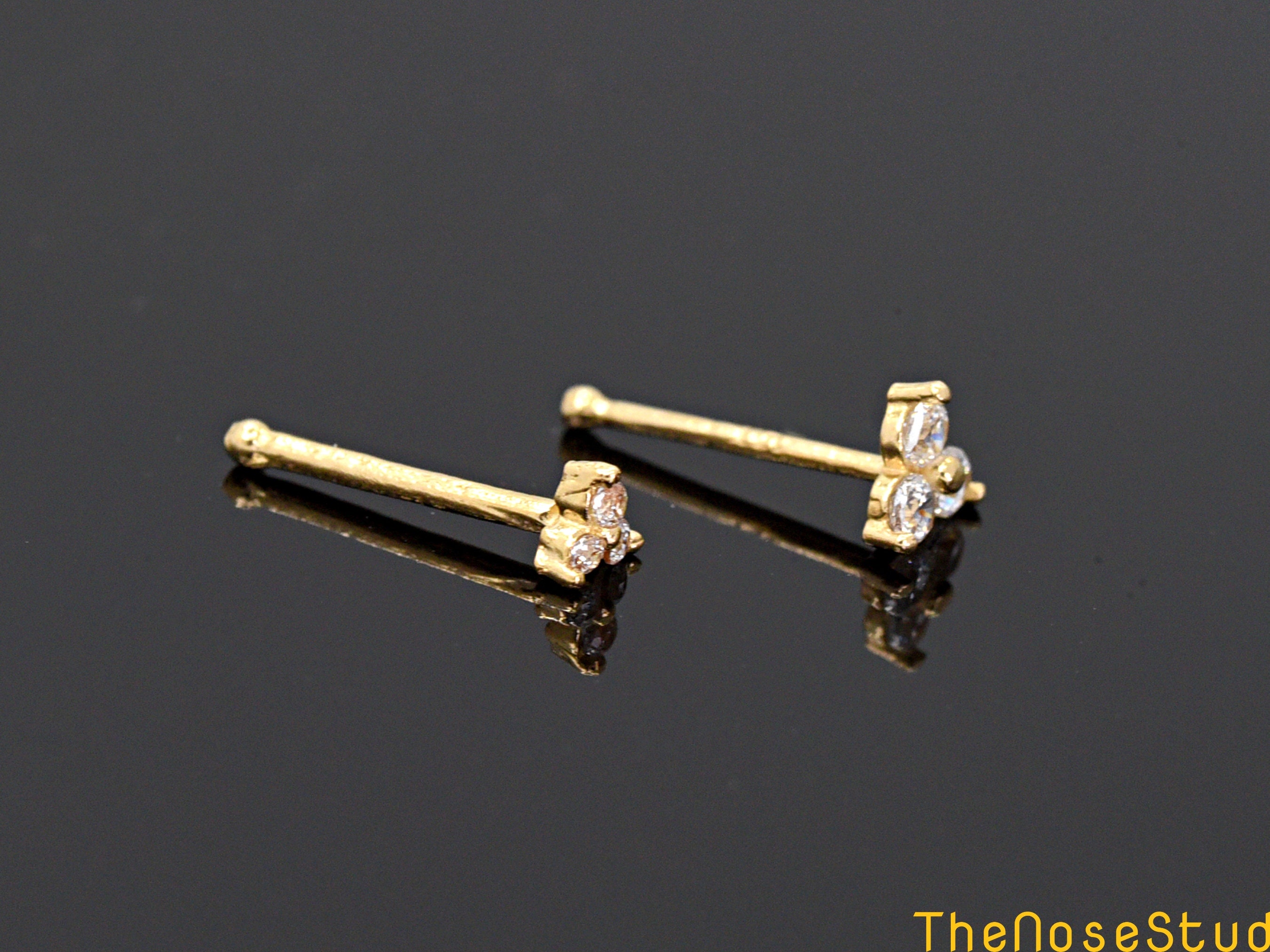 2.5mm or 3.5mm Three Round CZ 14 Karat Gold Nose Bone Ball End Stud. Nose Stud Gold. 0.6mm 23