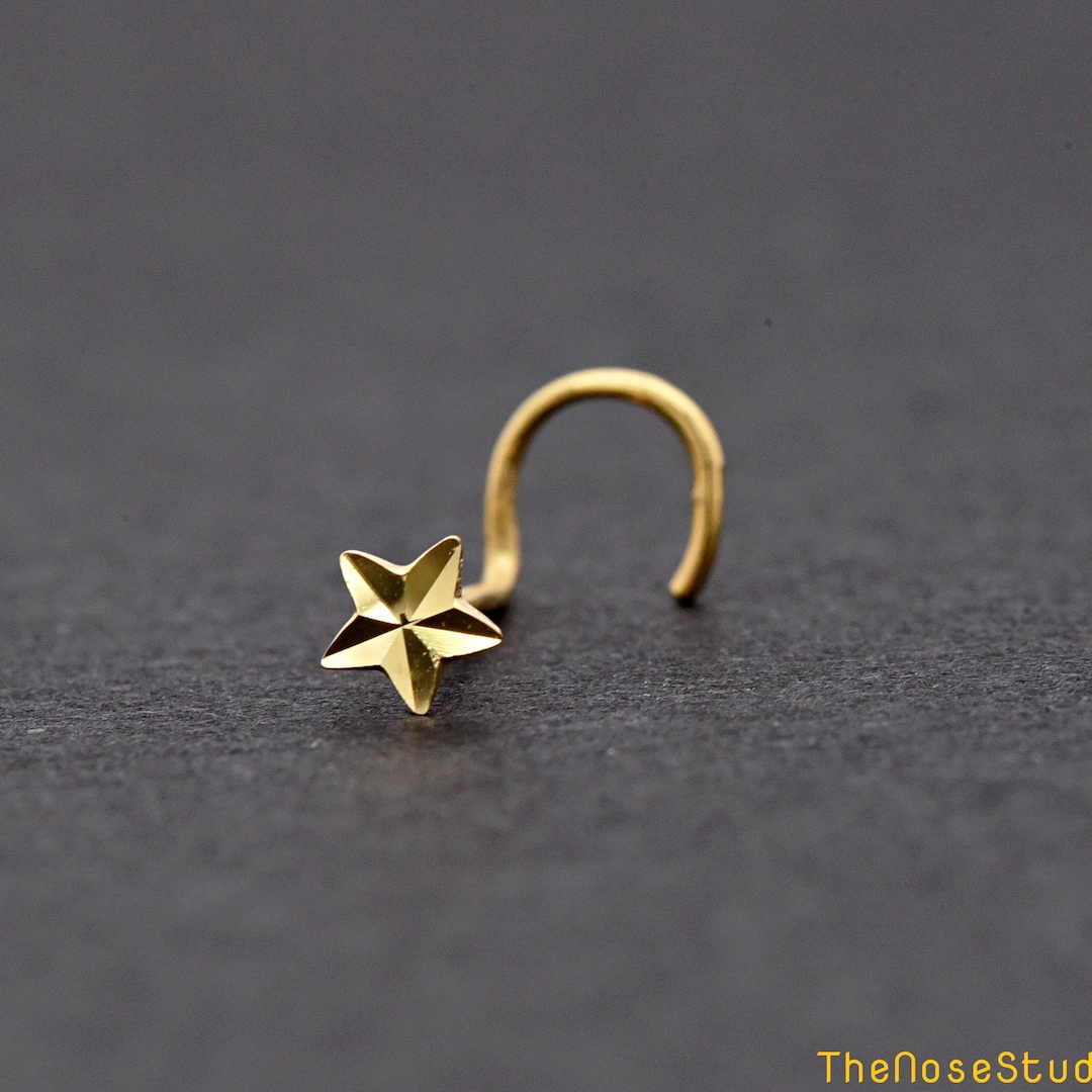 3mm Diamond Cut Star Corkscrew Nose Ring Stud Gold, Solid 14k Yellow Gold Stud Corkscrew Nose
