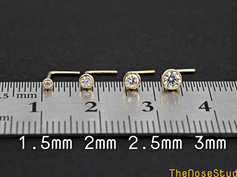 22 Gauge L Bend 14k Gold 1.5mm 2mm 2.5mm 3mm Round Clear Cubic Zirconia Bezel Set Nose Stud Ring