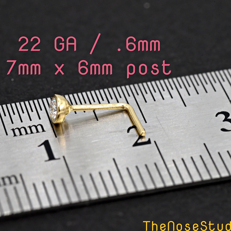 22 Gauge L Bend 14k Gold 1.5mm 2mm 2.5mm 3mm Round Clear Cubic Zirconia Bezel Set Nose Stud Ring