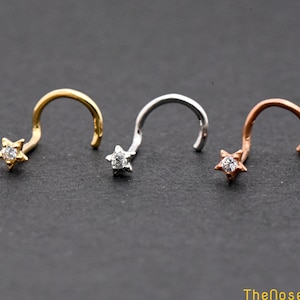 2.5mm Dainty Tiny Star with CZ 14K Solid Gold Nose Studs Screw, Nose Screw Gold, Star Twist Screw Nose Ring, Gold Nose U Post, Nostril Screw