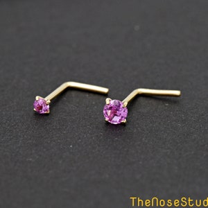 Minimalist 2mm 3mm Simulated October Birthstone Pink CZ Prong Set 14k Gold L Shape End Nose Ring, L-Bend Nose Ring Gold, Nose Piercing