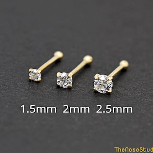 1.5mm 2mm 2.5mm Round Clear Cubic Zirconia 14K Solid Gold Nose Bone Ball End Stud, Nose Stud Gold, 0.6mm Thickness 22 Gauge Gold Nose Ring