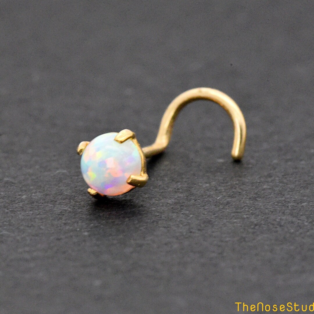 3.5mm Fire Opal Prong Set 14k Gold Corkscrew Nose Stud, Curved Nose