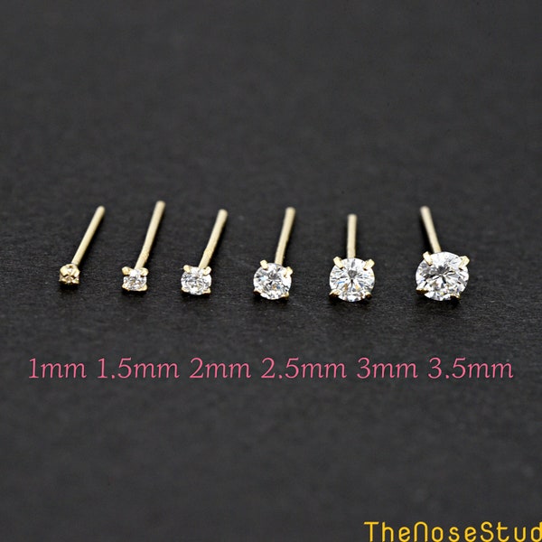 14 Karat Solid Yellow Gold Prong Set Sparkle Round Clear Cubic Zirconia Fishtail Nose Ring 1mm 1.5mm 2mm 2.5mm 3mm 3.5mm Nose Straight 22 GA