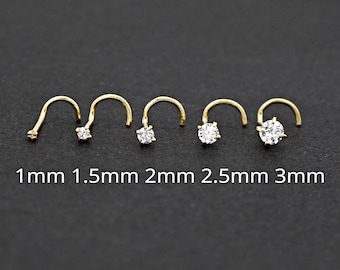 14 Karat Solid Yellow Gold Prong Set Sparkle Round Clear Cubic Zirconia 1mm 1.5mm 2mm 2.5mm 3mm Nose Curved Corkscrew Stud Ring