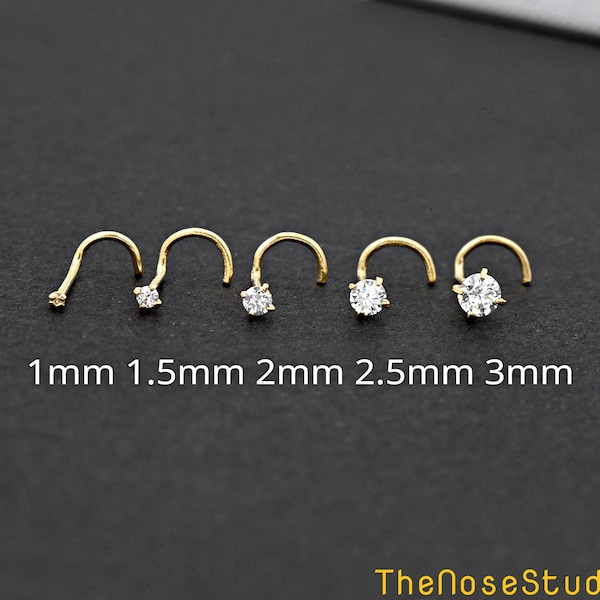 14 Karat Solid Yellow Gold Prong Set Sparkle Round Clear Cubic Zirconia 1mm 1.5mm 2mm 2.5mm 3mm Nose Curved Corkscrew Stud Ring