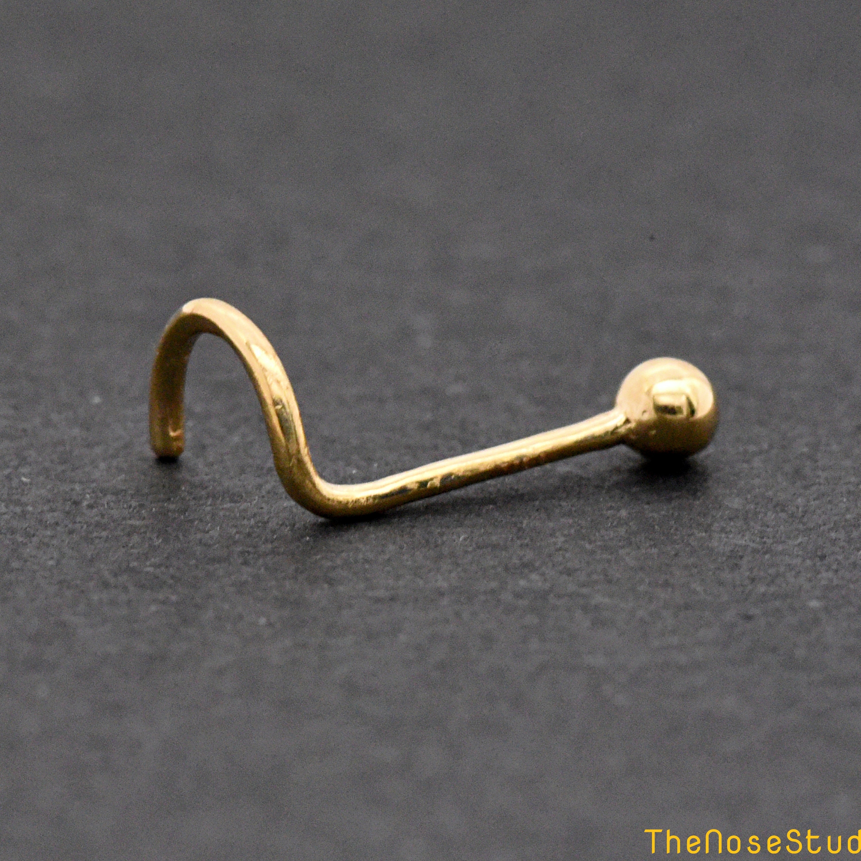 Solid 14k Gold 2mm Ball Corkscrew Nose Ring Stud, Screw Nose Stud Gold