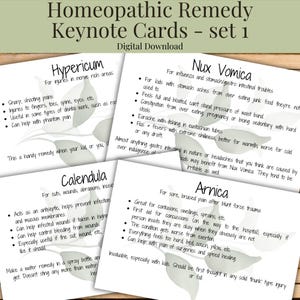 May include: Set of four Homeopathic Remedy Keynote Cards, set 1, with digital download. Each card features a different remedy: Hypericum, Nux Vomica, Calendula, and Arnica. The cards provide information on uses and symptoms.