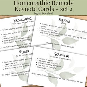 May include: Set of four Homeopathic Remedy Keynote Cards, set 2, with the text "Digital Download" at the top. Each card features a different remedy: Ipecacuanha, Baptisia, Rumex, and Gelsemium, with associated symptoms.