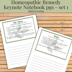 May include: Two white pages of a notebook with green borders, featuring handwritten notes on homeopathic remedies. The top page is labeled "Nux Vomica," and the bottom page is labeled "Arnica." The text "Homeopathic Remedy Keynote Notebook pgs - set 1" is at the top.
