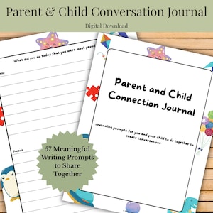 Puede incluir: Un diario de conexión entre padres e hijos en descarga digital con 57 sugerencias de escritura. Las páginas incluyen secciones con líneas para las respuestas del niño y del padre, decoradas con ilustraciones coloridas de una estrella, un pingüino y una cometa.