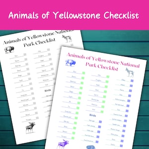 Lista de verificación de animales del Parque Nacional de Yellowstone, lista de verificación imprimible de la naturaleza para la educación en el hogar,