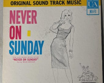 Oryginalna ścieżka dźwiękowa filmu Never On Sunday, płyta winylowa United Artists UAS 5070, 12-calowa płyta z muzyką filmową w stylu vintage, kolekcjonerska