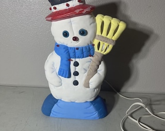 Vintage Ceramic Christmas Quilted Snowman with Hat & Broom – Light-Up Holiday Décor