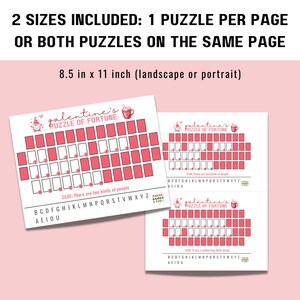 May include: Two printable Valentine's Day puzzle game sheets featuring a pink and white color scheme with a cute gnome illustration. The game is called "galentine's Puzzle of Fortune" and includes a grid with letters and a clue. The sheets are available in two sizes: 8.5 x 11 inches.
