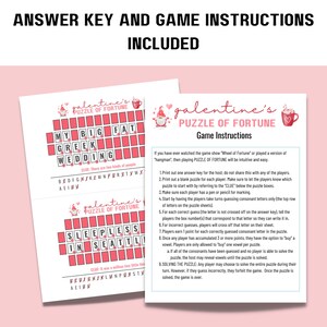 May include: A printable game board with the title "Galentine's Puzzle of Fortune". The game board is pink and red with a cartoon gnome and a cup of hot chocolate. The game instructions are printed on a separate sheet of paper.