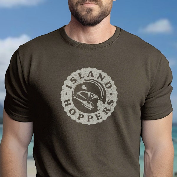 Island Hoppers 80s Shirt.  Magnum PI TC Helicopter Tours Hawaii. Classic TV Show. Vintage Style Gift for Eighties Fan Guy. Tom Selleck Tee