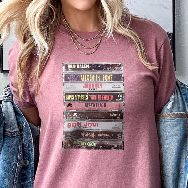 80s Rock Cassette Shirt. Bands Tape Vintage Style Retro Eighties. AC/DC, Aerosmith, Journey, Guns Roses, Matallica, Def Leppard Gift Music