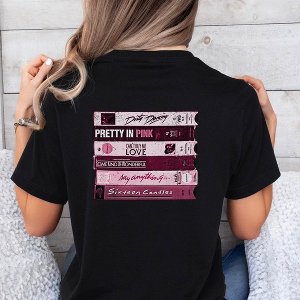 Romance Movie VHS Shirt. Back Design. 80s Girl Party Top. Stacked Tapes T-Shit. Vintage Eighties, Retro Pink