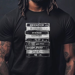 Late 90s and early 2000s Rap & HipHop Music Cassette Stack Shirt.  50 Cent, Wu-Tang, Jay Z, Eminem, Dr, Dre, Ice Cube, Snoop Dogg, DMX, NaS