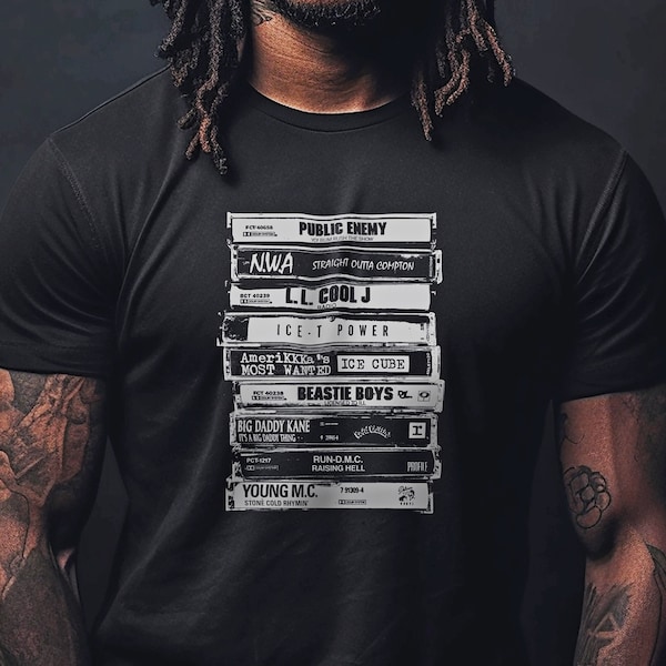 Late 80s RAP/HIP HOP Cassette Tape Shirt. Vintage Music Stack.  Gansta Rap Hip Hop Albums of the Late 1980s