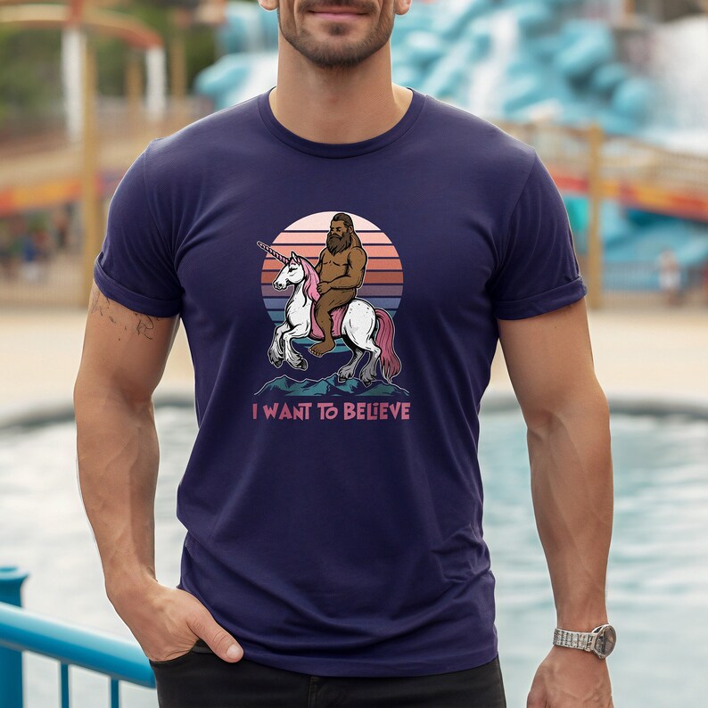 Bigfoot Riding a Unicorn Shirt. I Want to Believe. Funny Fantasy Design