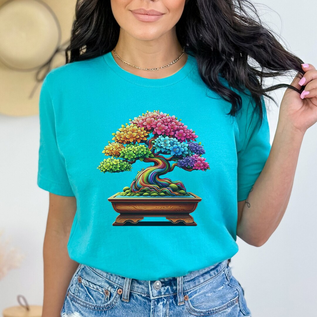 Colorful Bonsai Tree Shirt. Flowers in Clay Pot Nature, Design