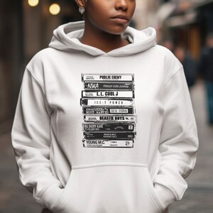 Late 80s RAP / HIP HOP Cassette Tape Stack Hoodie Sweatshirt Shirt Design. Public Enemy N.W.A L.L. Cool J Ice T Ice Cube Beastie Boys...