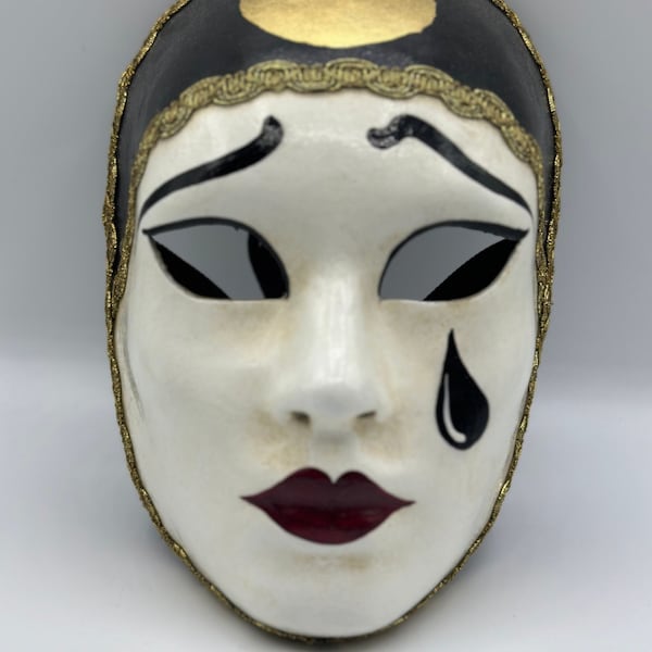 Original Pierrot mask woman, white and black mask with gold and red lips. Very beautiful handmade mask, wearable mask or decorative mask.