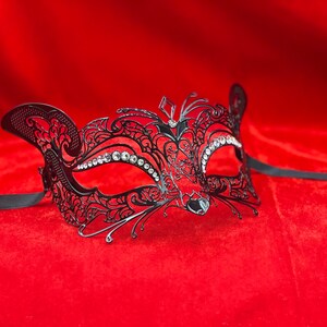 Black Womens Masquerade Mask with diamonds, womens masquerade mask cat and mouse, metal mask, party mask, princess mask.