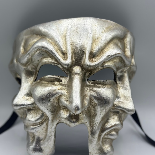 Mask Venetian the three faces, handmade paper mache in silver. Luxury Mask for bal masque, Halloween, masquerade and decoration.