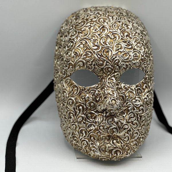 Silver full face mask, Venetian mask handmade. Masquerade mask for men in silver.