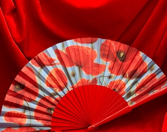 Hand fan luxury - Koclico . Luxury Foldable handfan in bright red and azure blue.