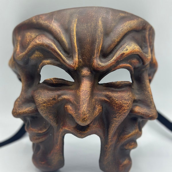 Mask Venetian the three face, handmade paper mache in brown leather look. Luxury Mask for bal masque, masquerade and decoration.