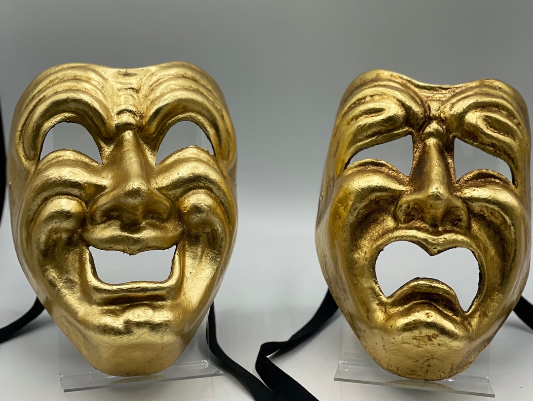 Golden comedy and tragedy masks on patterned leather Canvas Wall