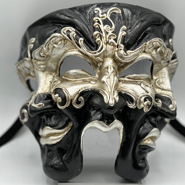 Venetian mask with three faces, handmade paper mache in black and silver. Luxury Mask for bal masque, masquerade and decoration.